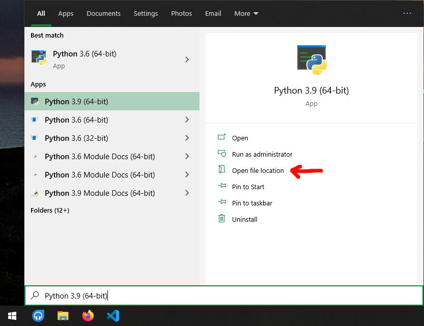 Windows 10 search listing for python