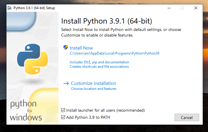 Python installer settings