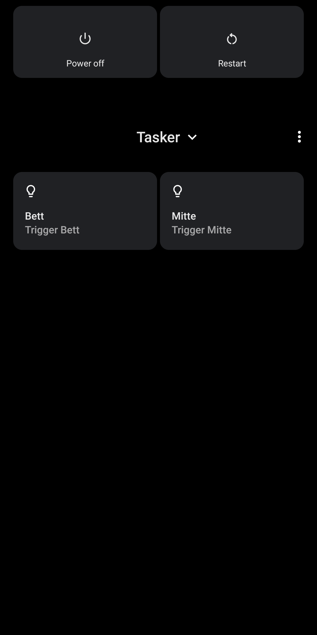 The Android 11 power menu shows light switch controls added using Tasker
