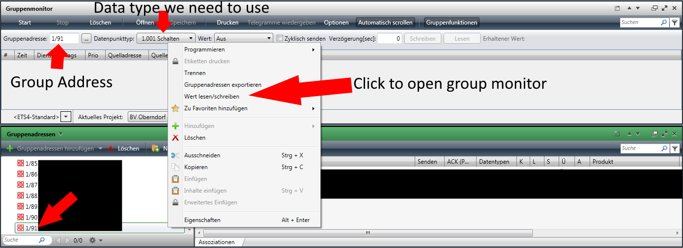 The 'group address' window shows the address we want to write to, so we click 'read/write value' and then read the data point type from the group monitor window